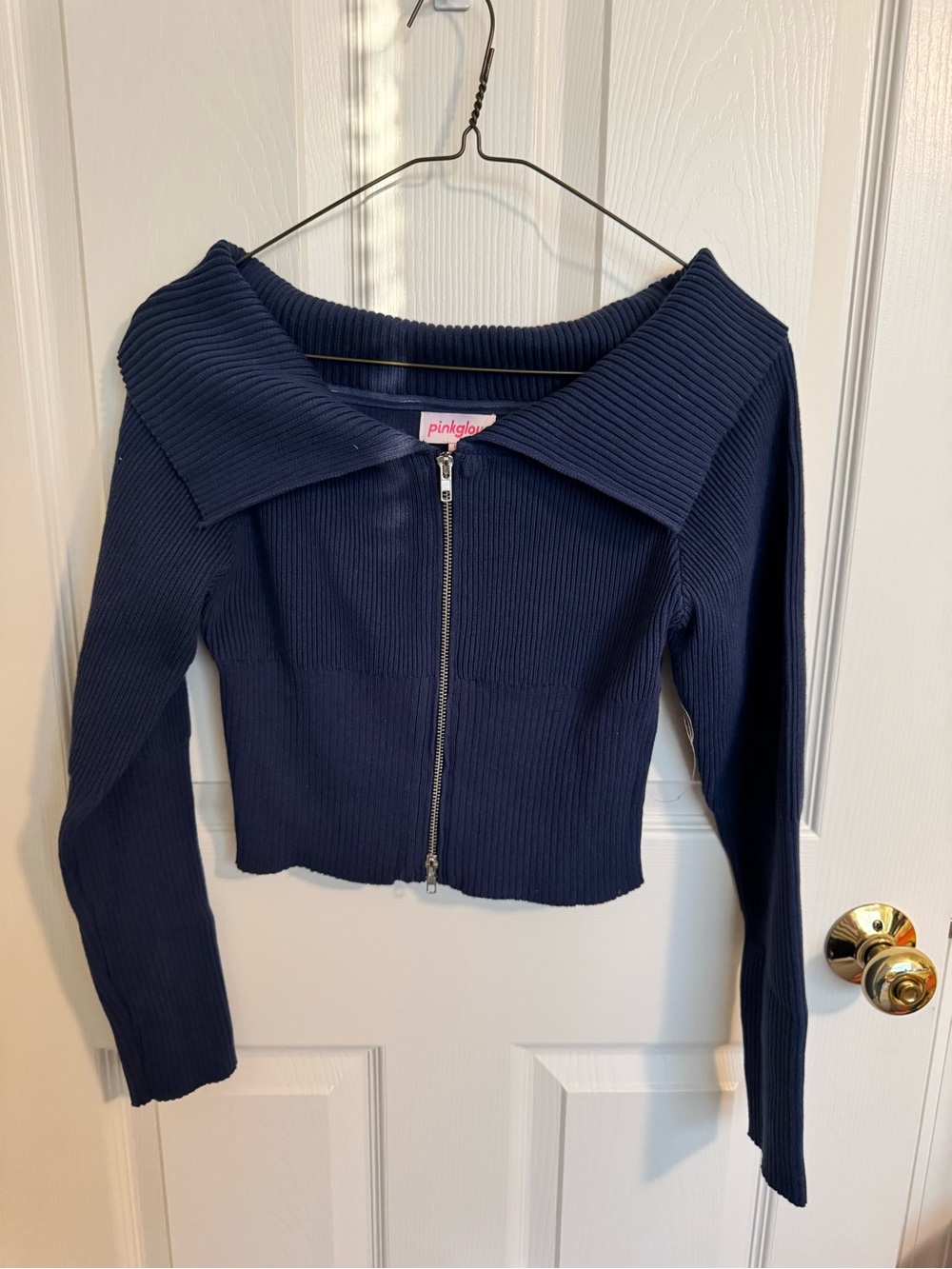 Navy Ribbed Zip-Front Crop Top